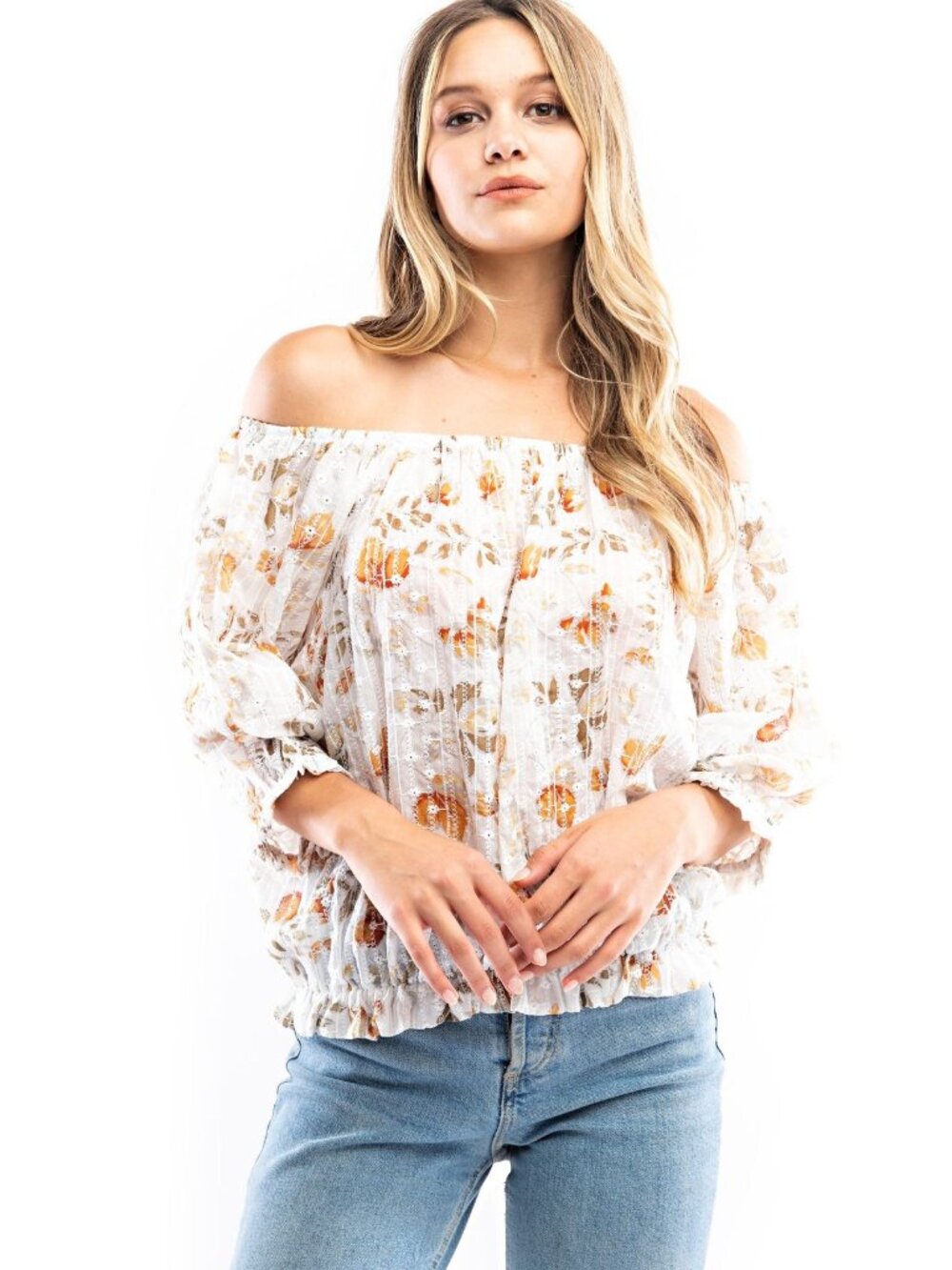 Solitaire Floral Blouse Medium Off Shoulder Embroidered Eyelet White Fairy Boho